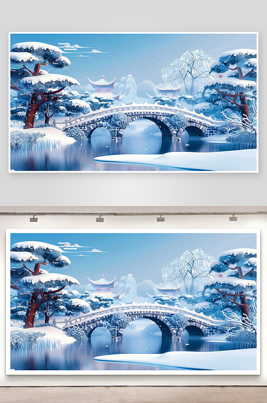 冬季雪景中的河流小桥-众图网