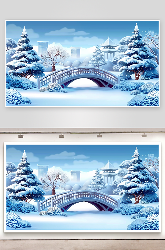 冬季雪景中的河流小桥-众图网