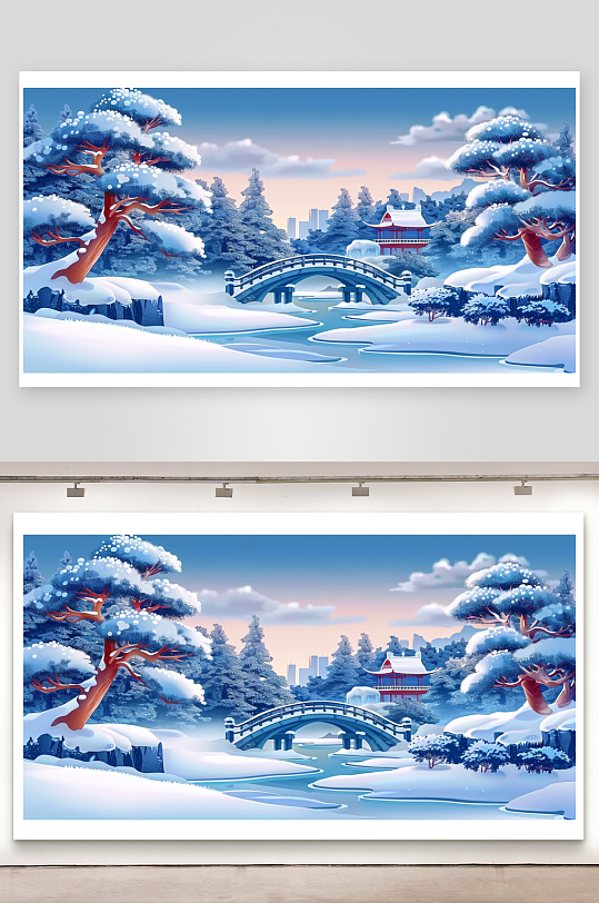 冬季雪景中的河流小桥-众图网