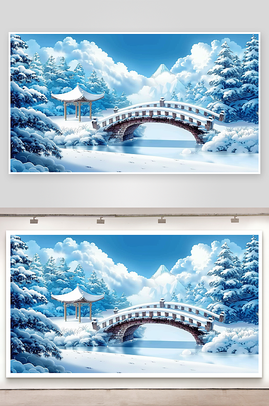 冬季雪景中的河流小桥-众图网
