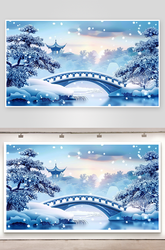 冬季雪景中的河流小桥-众图网