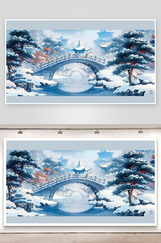 冬季雪景中的河流小桥-众图网