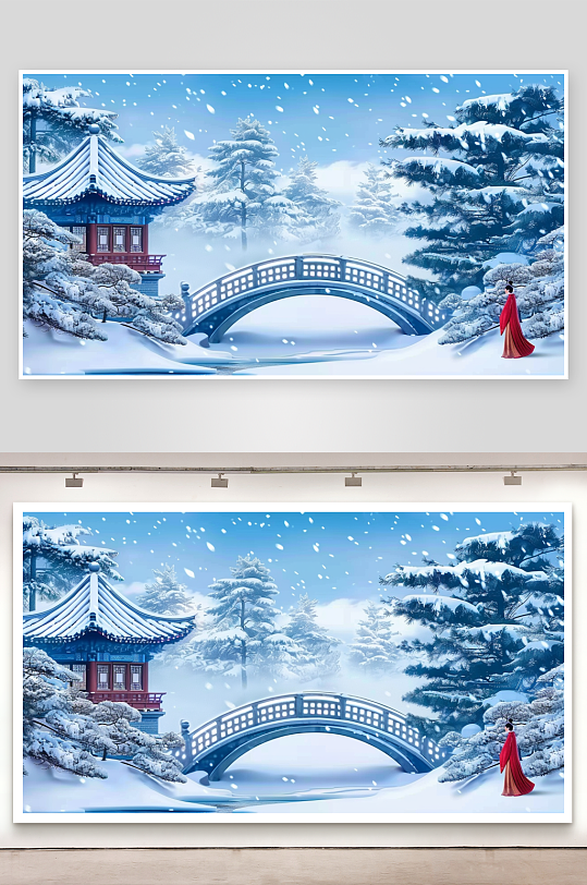 冬季雪景中的河流小桥-众图网