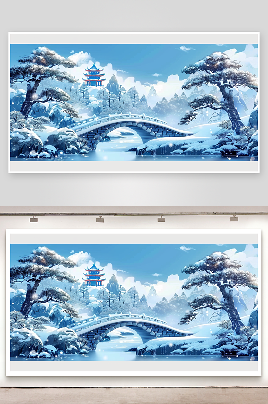 冬季雪景中的河流小桥-众图网