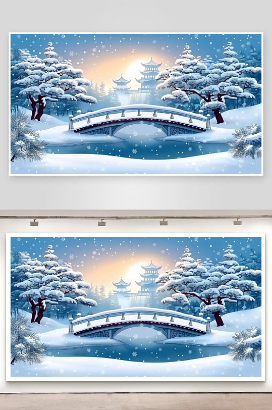 冬季雪景中的河流小桥-众图网