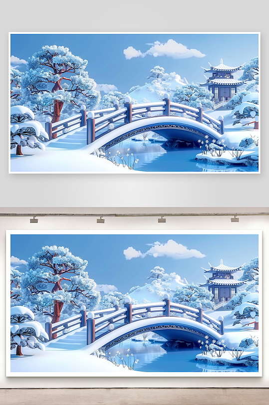 冬季雪景中的河流小桥-众图网