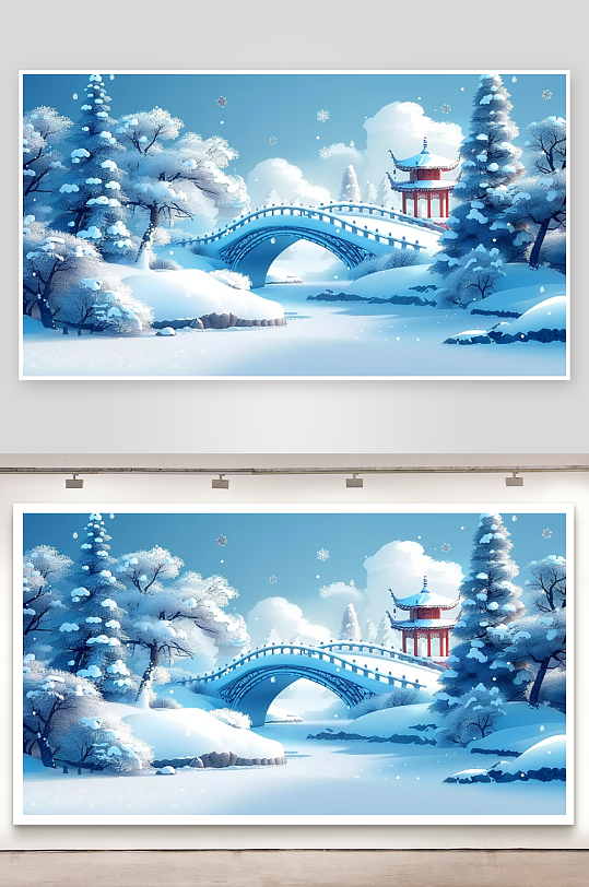 冬季雪景中的河流小桥-众图网