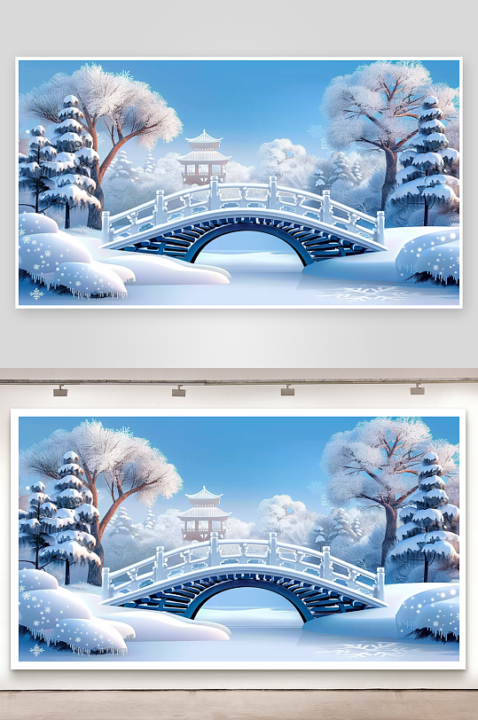 冬季雪景中的河流小桥-众图网