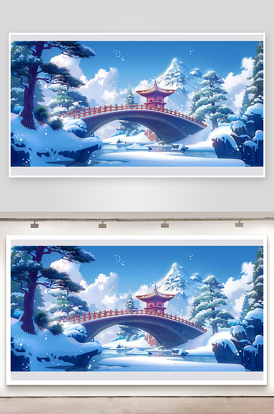 冬季雪景中的河流小桥-众图网