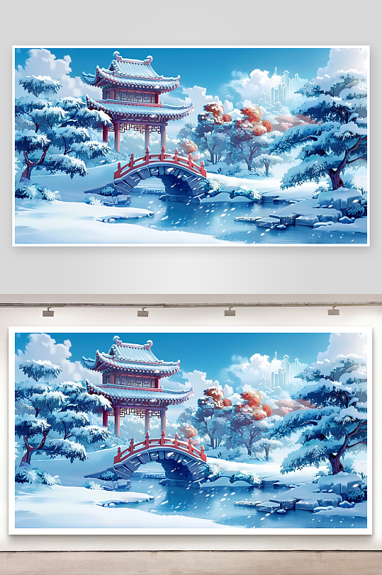 冬季雪景中的河流小桥-众图网