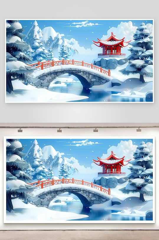 冬季雪景中的河流小桥-众图网