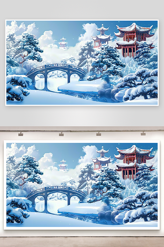 冬季雪景中的河流小桥-众图网