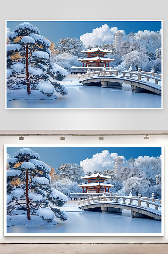 冬季雪景中的河流小桥-众图网