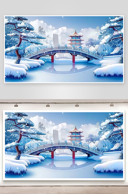 冬季雪景中的河流小桥-众图网