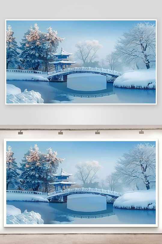冬季雪景中的河流小桥-众图网
