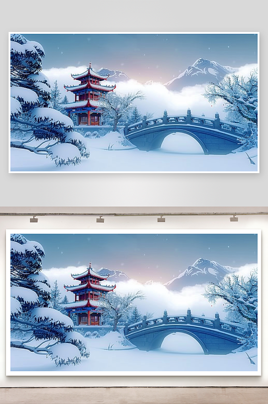 冬季雪景中的河流小桥-众图网