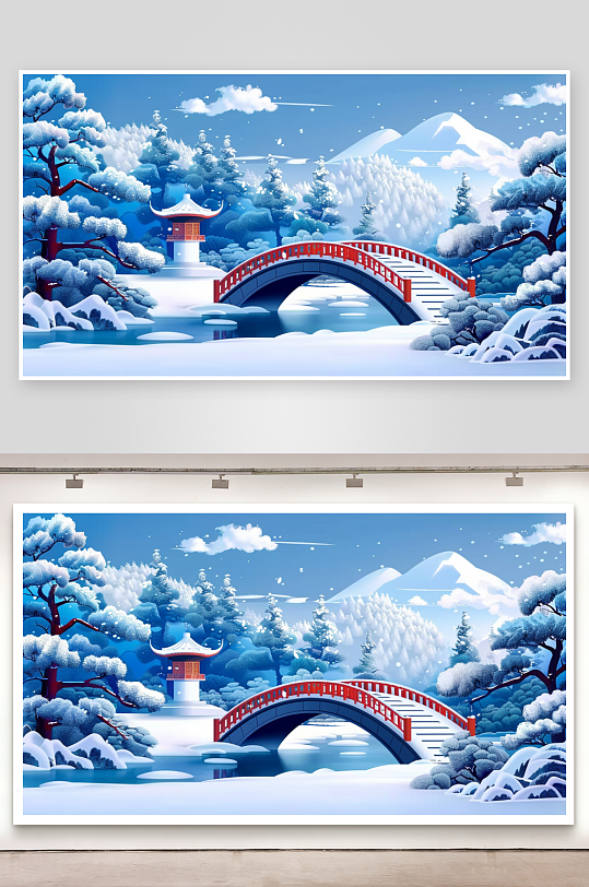 冬季雪景中的河流小桥-众图网