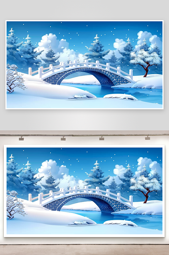 冬季雪景中的河流小桥-众图网