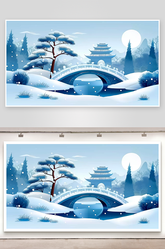 冬季雪景中的河流小桥-众图网