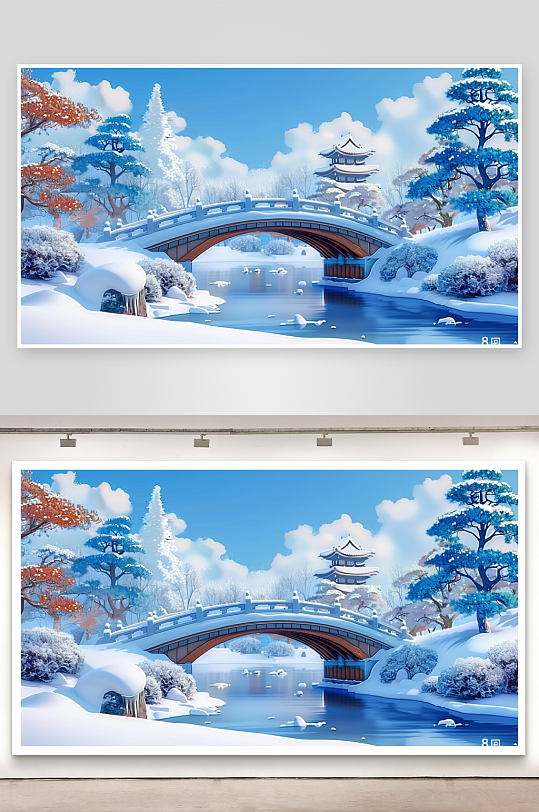 冬季雪景中的河流小桥-众图网