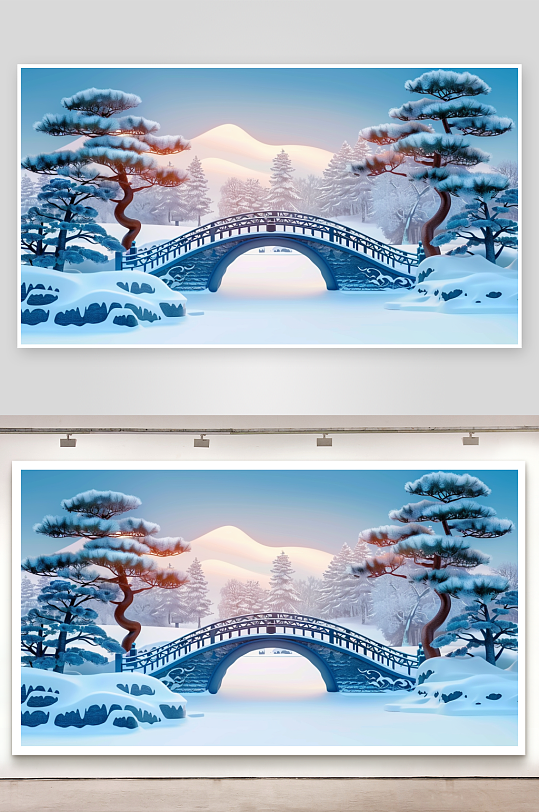 冬季雪景中的河流小桥-众图网