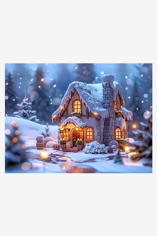 冬季雪地中的小房屋-众图网