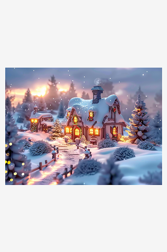 冬季雪地中的小房屋-众图网