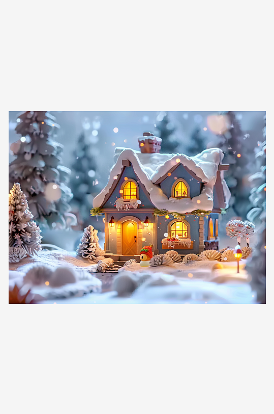 冬季雪地中的小房屋-众图网