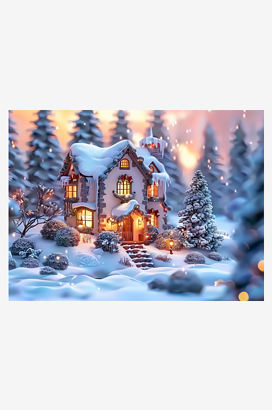 冬季雪地中的小房屋-众图网