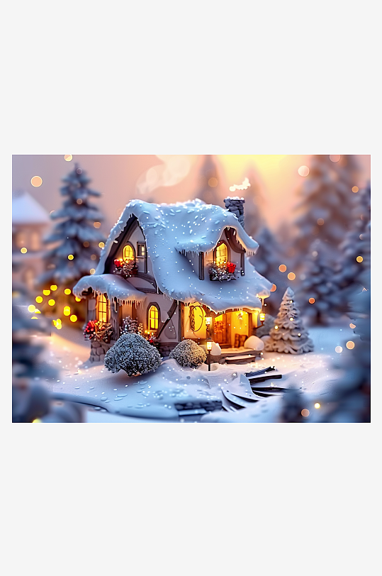 冬季雪地中的小房屋-众图网