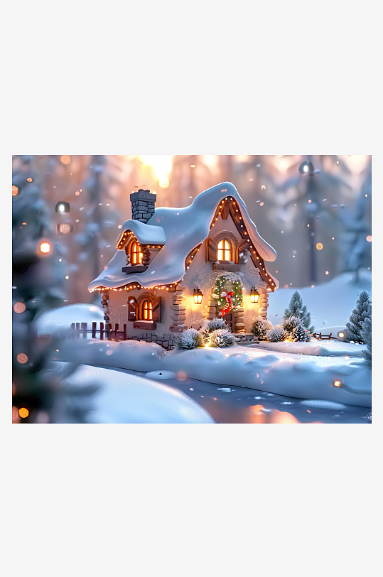 冬季雪地中的小房屋-众图网