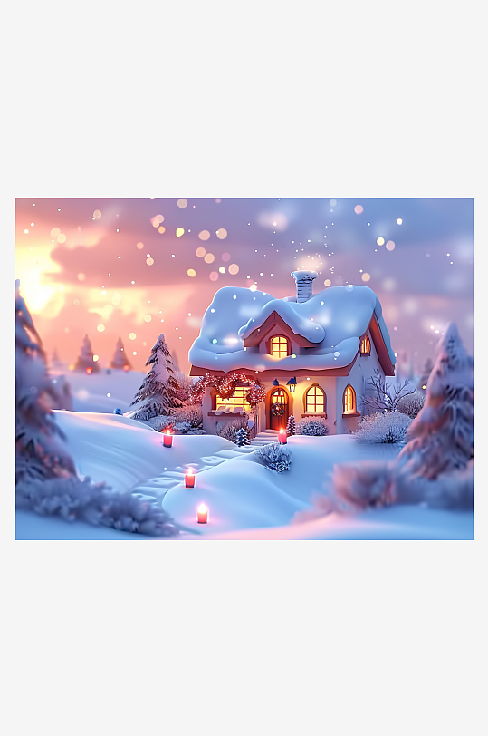 冬季雪地中的小房屋-众图网