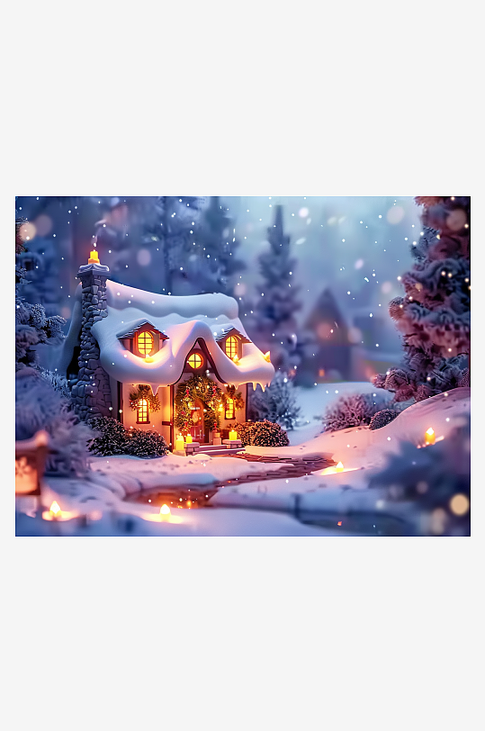 冬季雪地中的小房屋-众图网