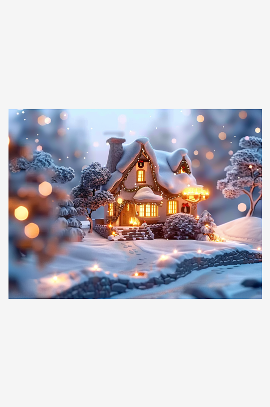冬季雪地中的小房屋-众图网