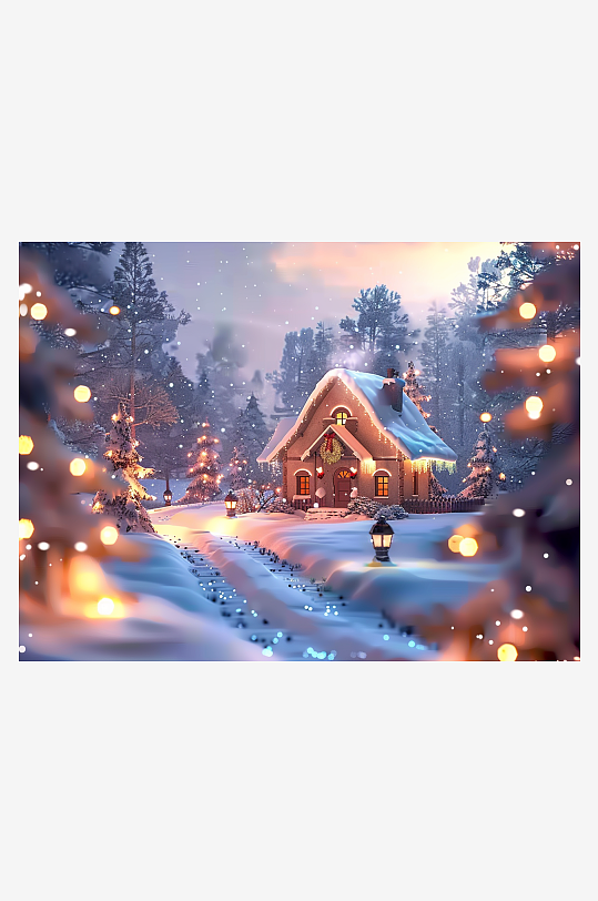 冬季雪地中的小房屋-众图网