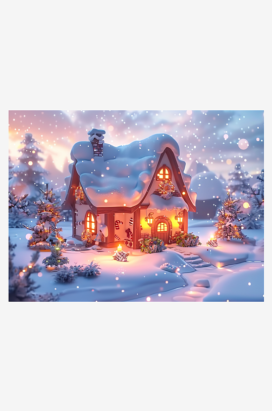 冬季雪地中的小房屋-众图网