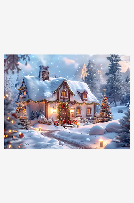 冬季雪地中的小房屋-众图网