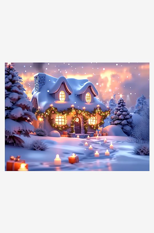 冬季雪地中的小房屋-众图网