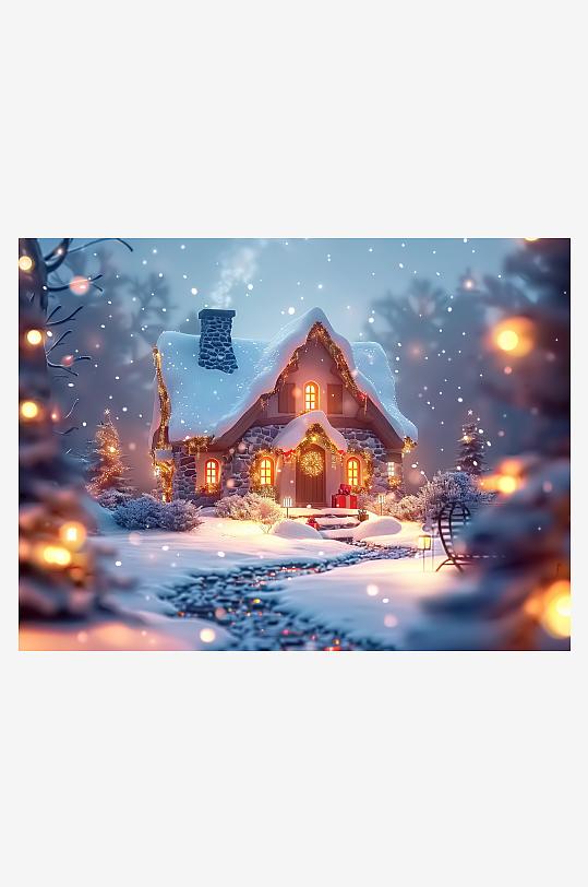 冬季雪地中的小房屋-众图网