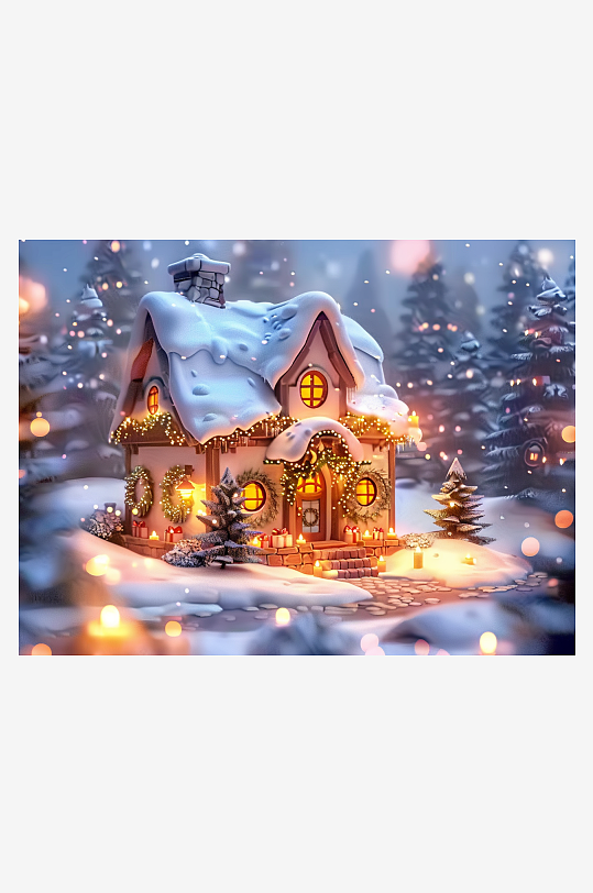 冬季雪地中的小房屋-众图网