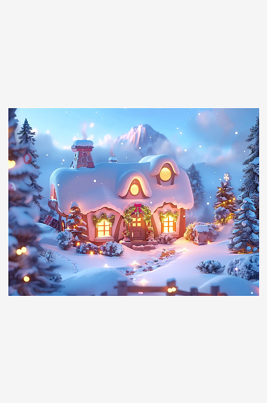 冬季雪地中的小房屋-众图网