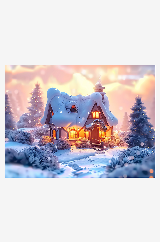 冬季雪地中的小房屋-众图网