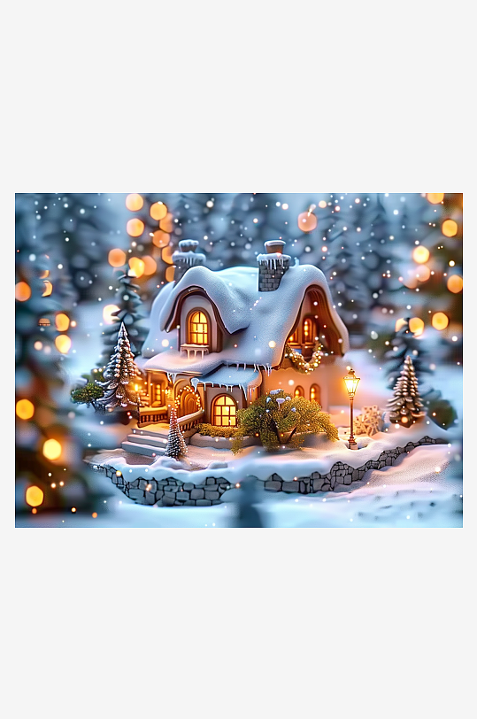 冬季雪地中的小房屋-众图网