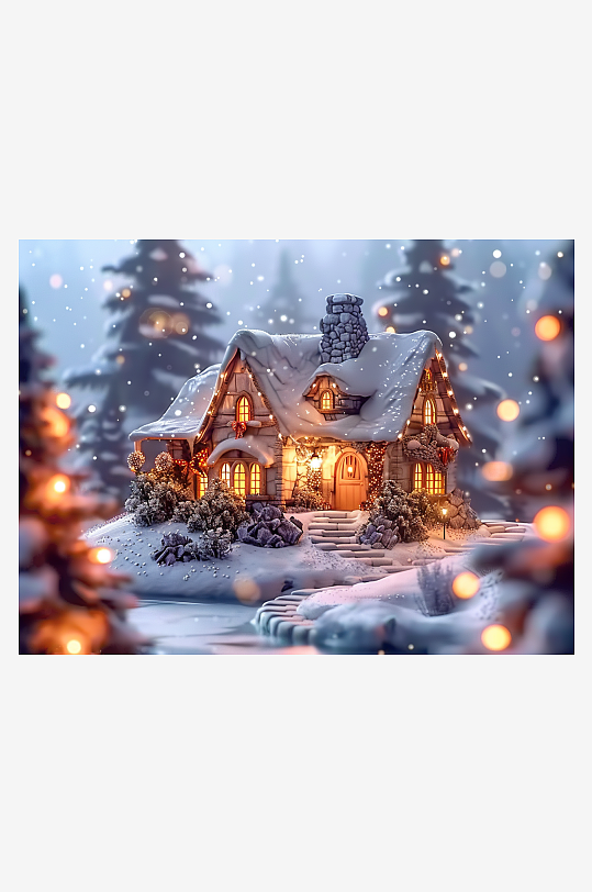冬季雪地中的小房屋-众图网