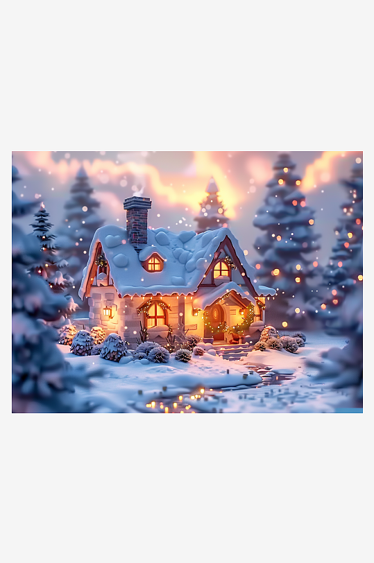 冬季雪地中的小房屋-众图网