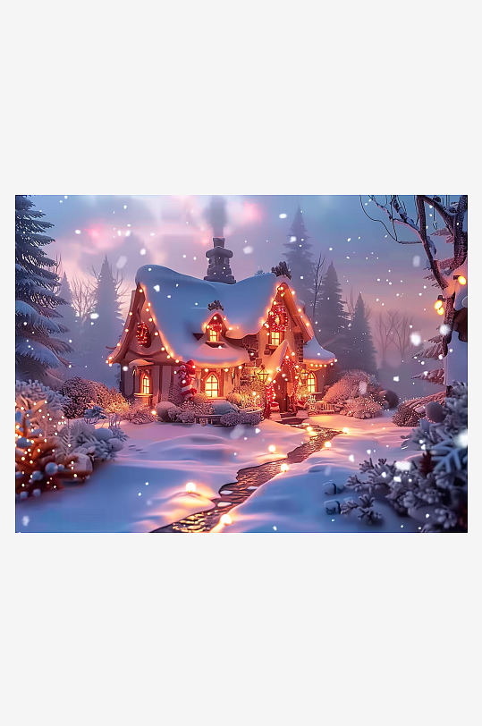 冬季雪地中的小房屋-众图网