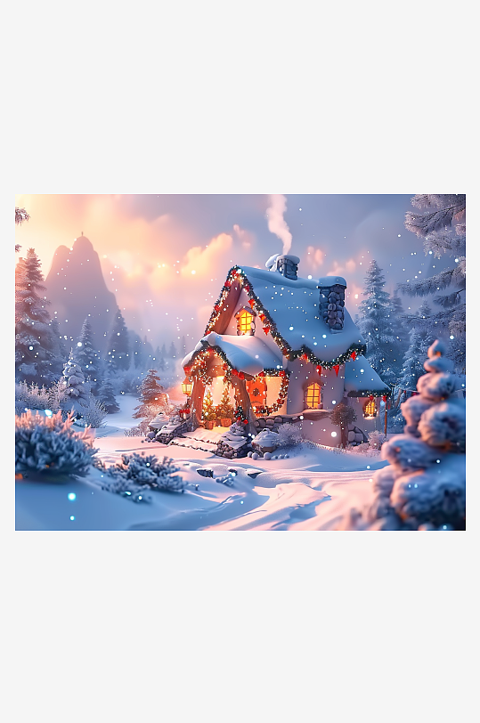 冬季雪地中的小房屋-众图网