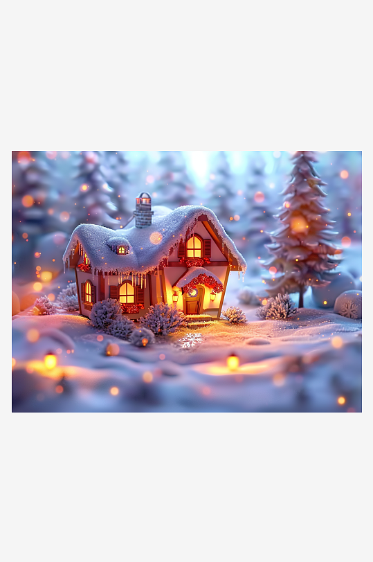 冬季雪地中的小房屋-众图网