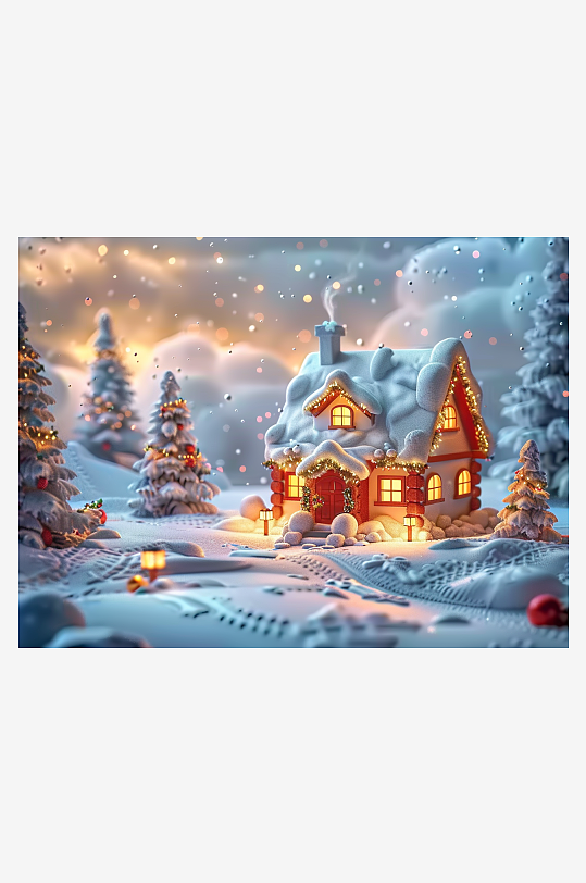 冬季雪地中的小房屋-众图网