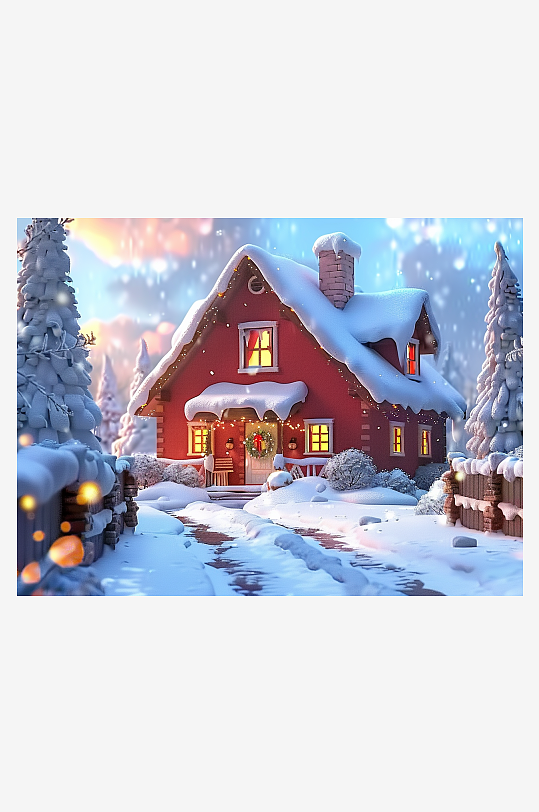 冬季雪地中的小房屋-众图网